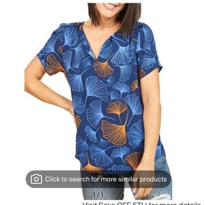 Daniel Rainn Navy and Orange Leaf Print Blouse